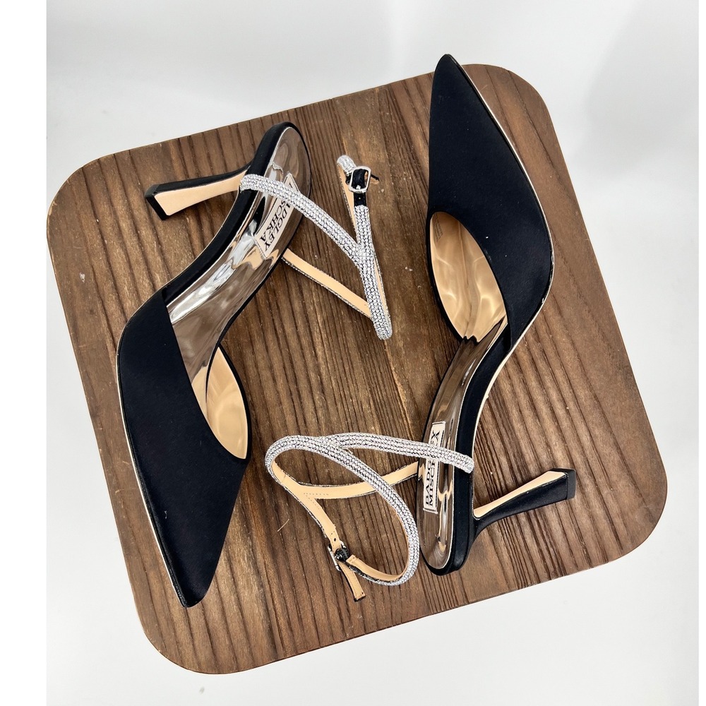 Badgley Mischka Kamilah Black Satin Crystal Ankle Strap Heels NWT 7.5 - Picture 4 of 10